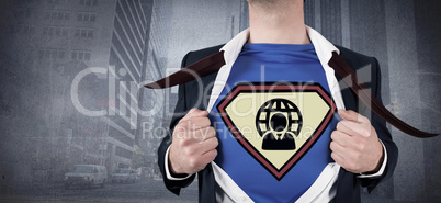 Composite image of businessman opening shirt in superhero style