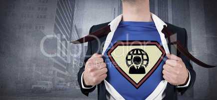 Composite image of businessman opening shirt in superhero style