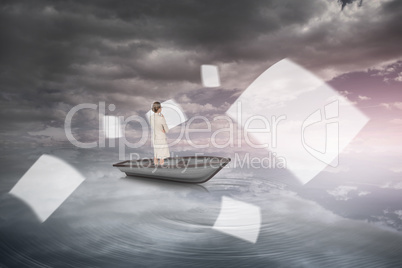 Composite image of thinking businesswoman in a boat