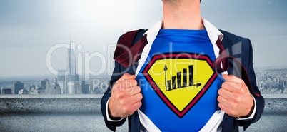 Composite image of businessman opening shirt in superhero style