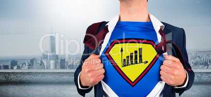 Composite image of businessman opening shirt in superhero style