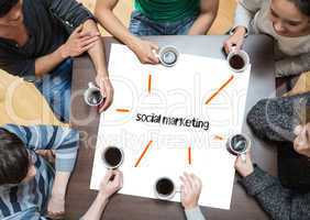 Social marketing on page with people sitting around table drinki