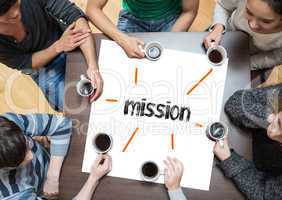 Mission on page with people sitting around table drinking coffee