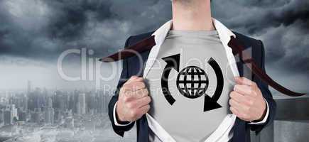 Composite image of businessman opening shirt in superhero style