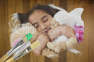 Composite image of little girl cuddling teddys