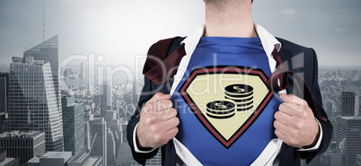 Composite image of businessman opening shirt in superhero style