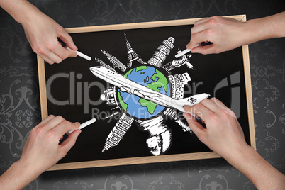 Composite image of multiple hands drawing airplane with chalk