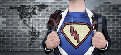 Composite image of businessman opening shirt in superhero style