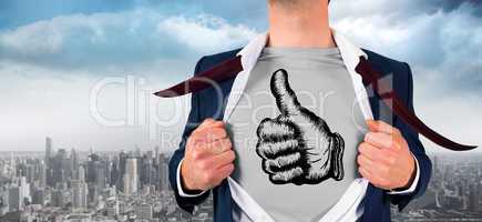 Composite image of businessman opening shirt in superhero style