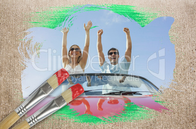 Composite image of couple cheering in convertible