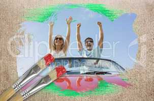 Composite image of couple cheering in convertible