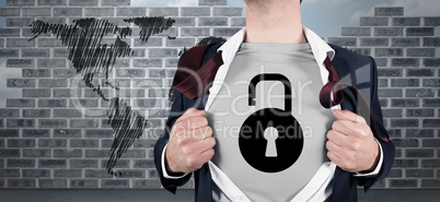 Composite image of businessman opening shirt in superhero style