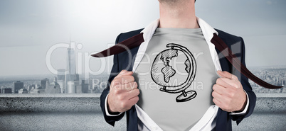 Composite image of businessman opening shirt in superhero style