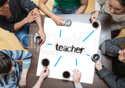 Teacher on page with people sitting around table drinking coffee