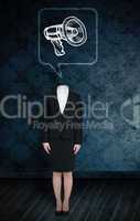 Composite image of headless businesswoman with megaphone in spee
