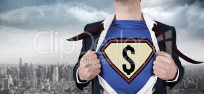 Composite image of businessman opening shirt in superhero style