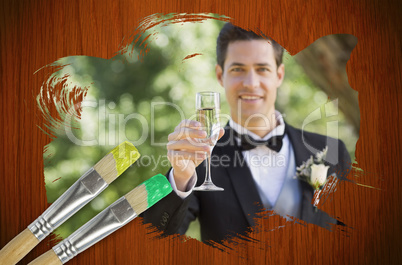 Composite image of groom toasting with champagne