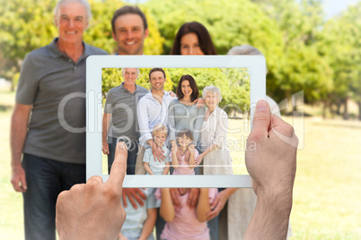 Composite image of hand holding tablet pc