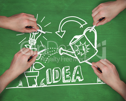 Composite image of multiple hands writing idea with chalk Composite image of multiple hands writing idea with chalk