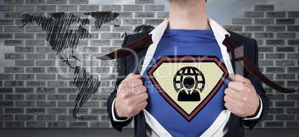 Composite image of businessman opening shirt in superhero style