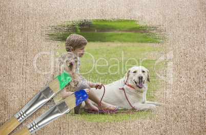 Composite image of siblings and their dog