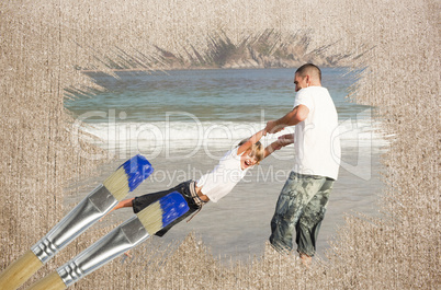 Composite image of father and son on the beach