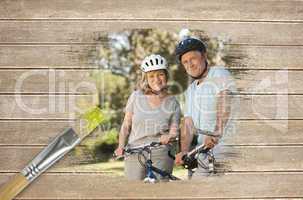 Composite image of senior couple on bikes in the park