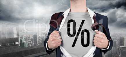 Composite image of businessman opening shirt in superhero style