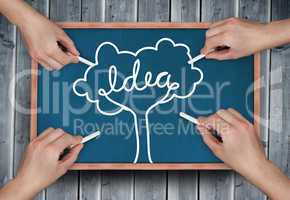 Composite image of multiple hands drawing idea tree with chalk