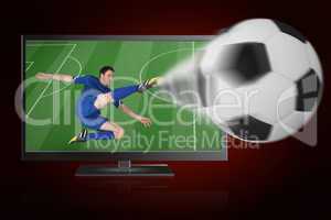 Football player in blue kicking ball out of tv