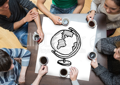 Composite image of people sitting around table drinking coffee