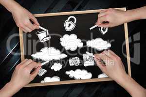 Composite image of multiple hands drawing clouds with chalk