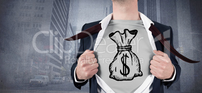 Composite image of businessman opening shirt in superhero style