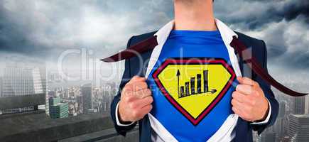 Composite image of businessman opening shirt in superhero style