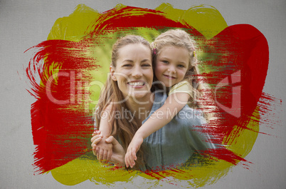 Composite image of smiling mother and daughter in the park