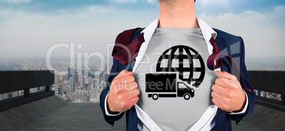 Composite image of businessman opening shirt in superhero style