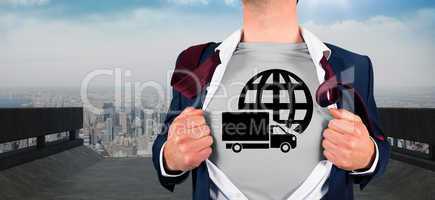 Composite image of businessman opening shirt in superhero style