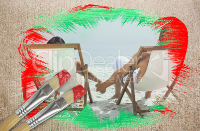 Composite image of couple on the beach in deck chairs