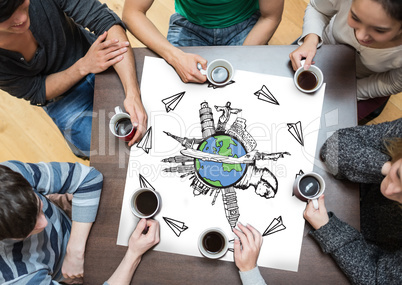 Composite image of people sitting around table drinking coffee