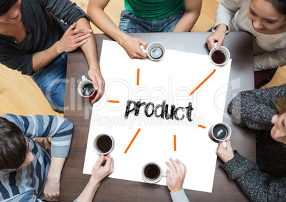 Product on page with people sitting around table drinking coffee