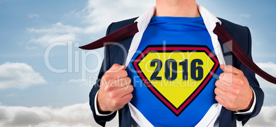 Composite image of businessman opening shirt in superhero style