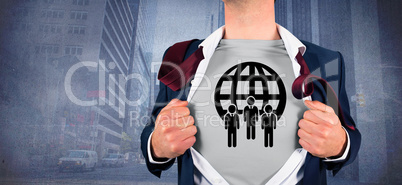 Composite image of businessman opening shirt in superhero style