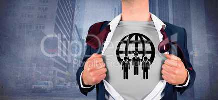 Composite image of businessman opening shirt in superhero style