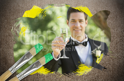 Composite image of groom toasting with champagne