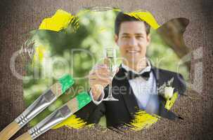 Composite image of groom toasting with champagne