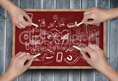 Composite image of multiple hands drawing brainstorm with chalk