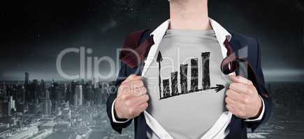 Composite image of businessman opening shirt in superhero style