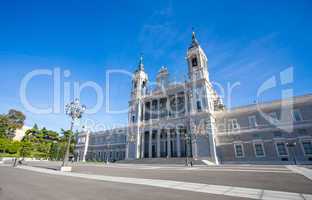 Cathedral Almudena with tourists on a spring day in Madrid