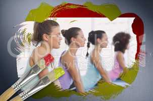 Composite image of yoga class in the gym