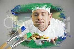 Composite image of chef smelling his dish